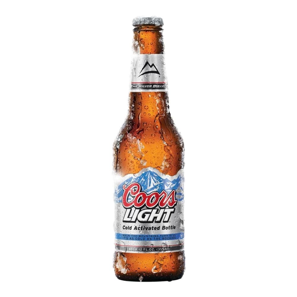 A frosted bottle of Coors Light beer with condensation, featuring the brand's iconic mountain logo and 'Cold Activated Bottle' label on a white background.