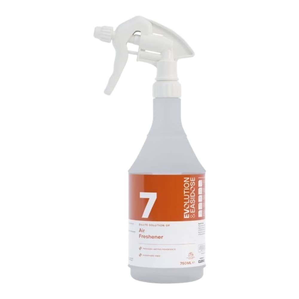 White spray bottle of Evolution Essence Air Freshener with orange label on plain background