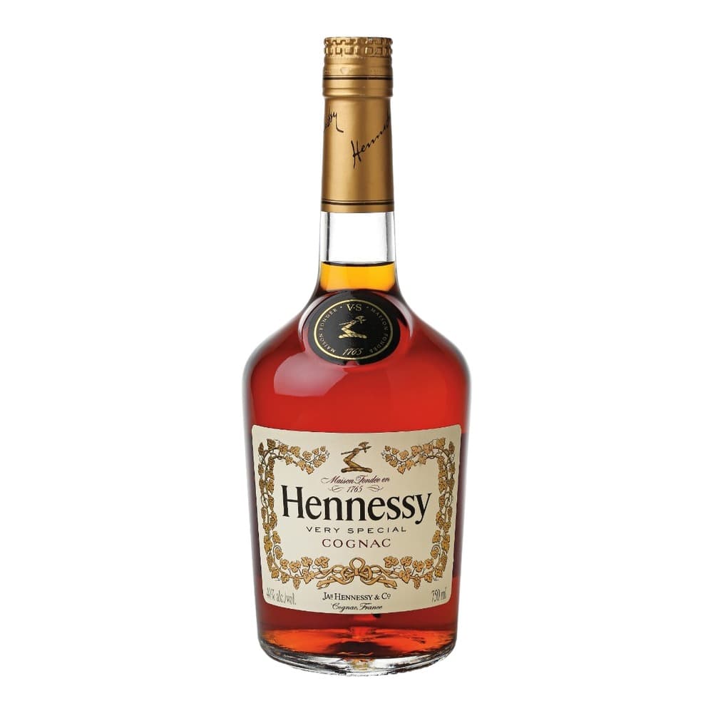 A bottle of Hennessy Very Special Cognac against a plain white background, featuring a gold foil cap and ornate label.