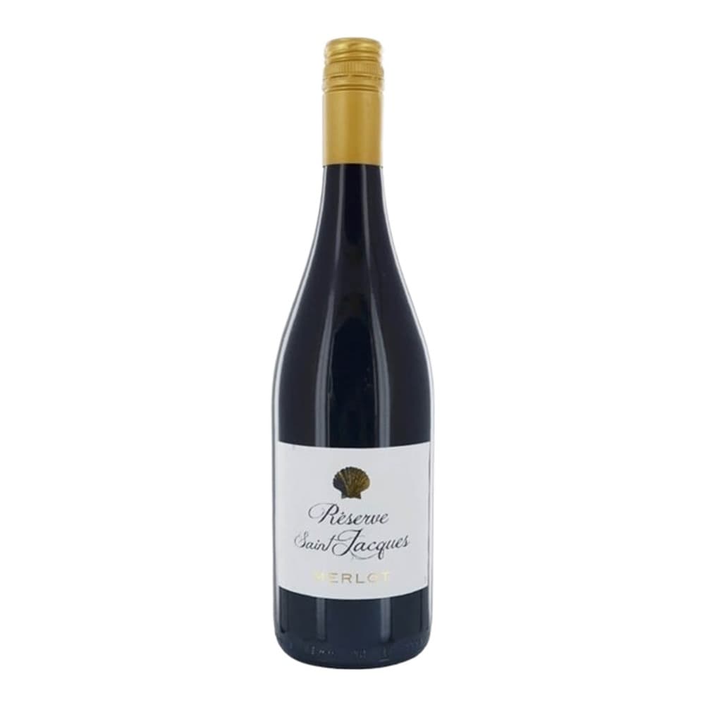 A bottle of Réserve Saint-Jacques red wine with a gold foil capsule and white label on a plain white background.