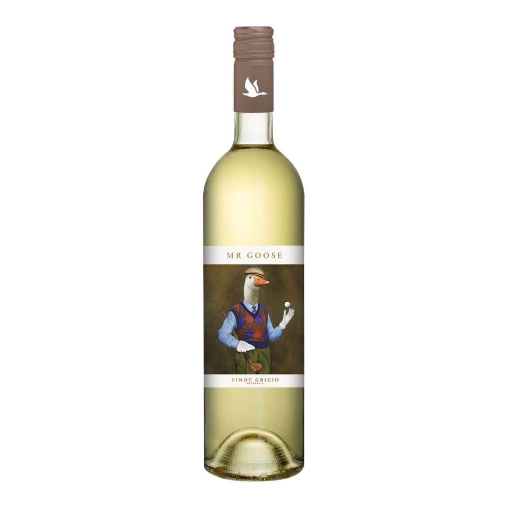 A bottle of Mr Goose Pinot Grigio white wine with an illustrated goose character in golfing attire on the label, photographed against a white background.