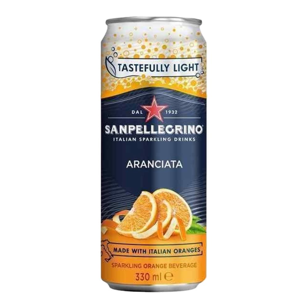 A Sanpellegrino Aranciata orange sparkling drink can on a white background, featuring orange slices and the brand's distinctive label.