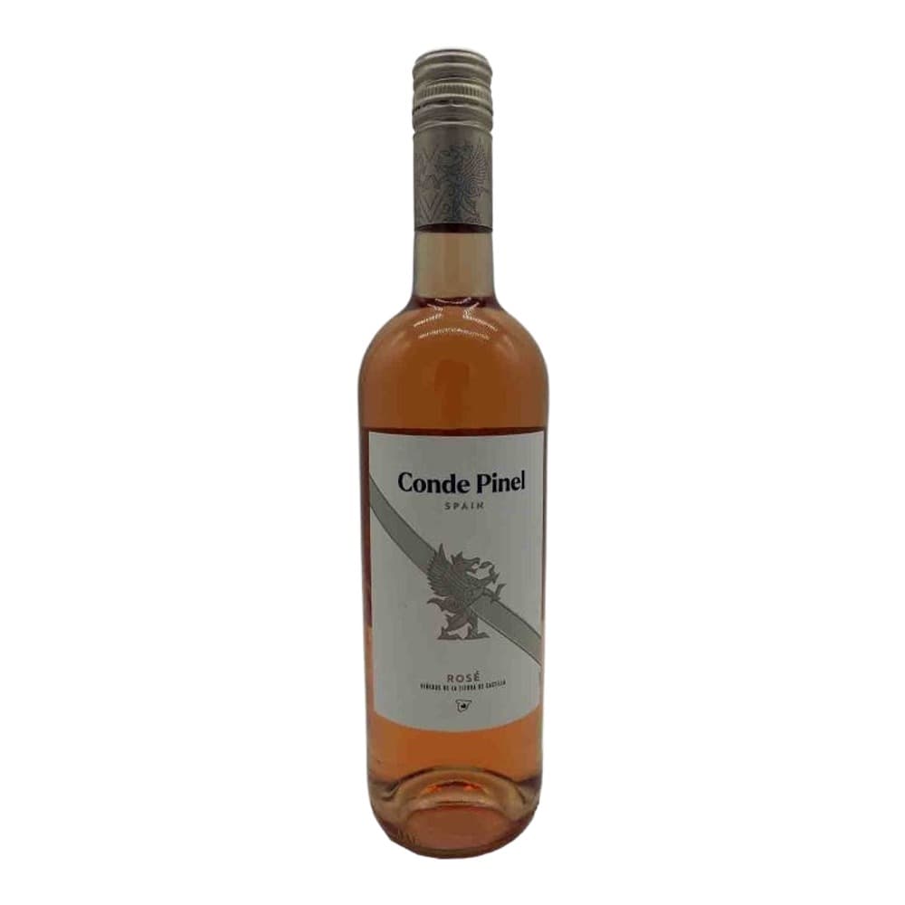 A bottle of Conde Pinel rosé wine from Spain, displayed against a white background with a decorative label featuring an eagle design.