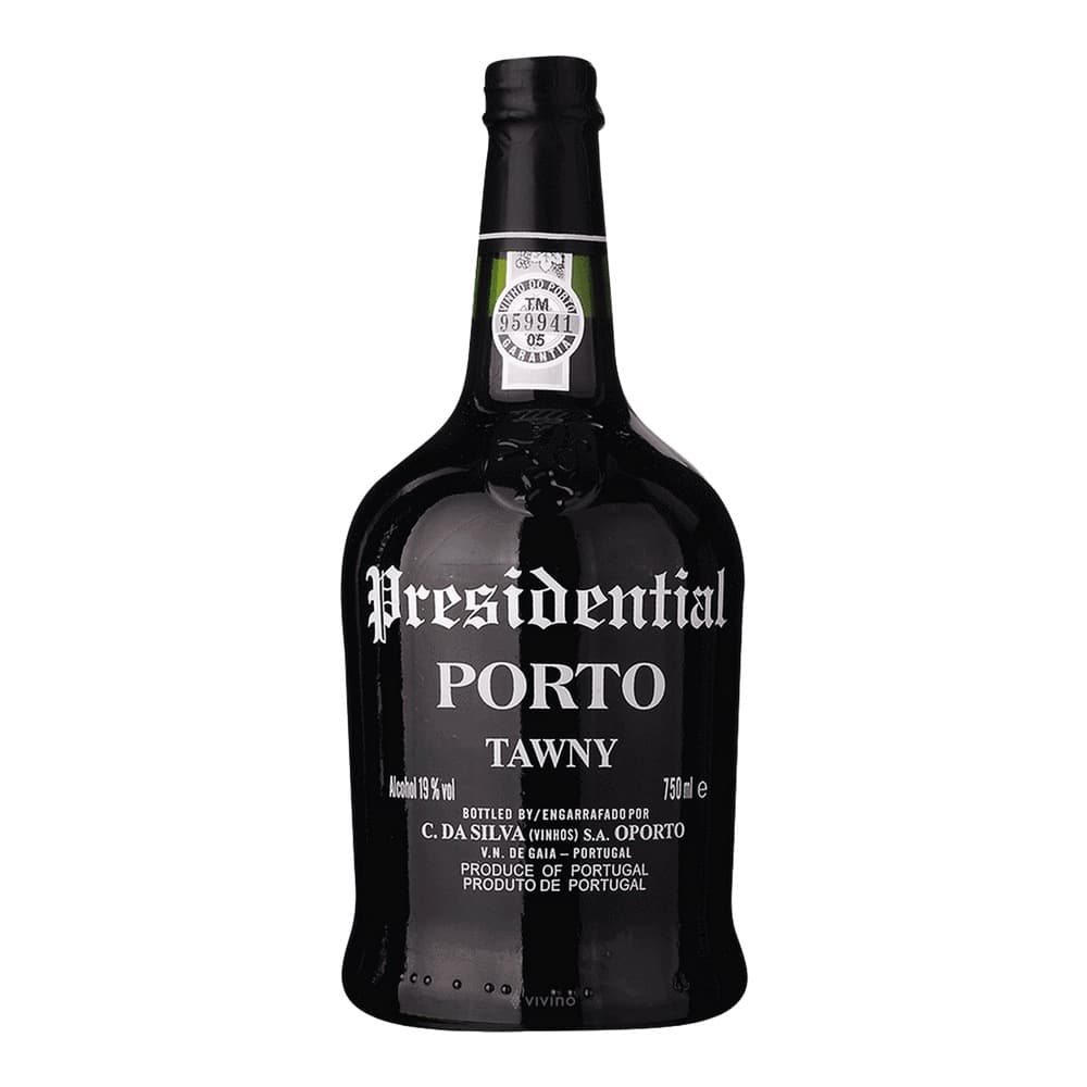A bottle of Presidential Tawny Porto wine against a plain white background, featuring a black label with white text and a security seal.