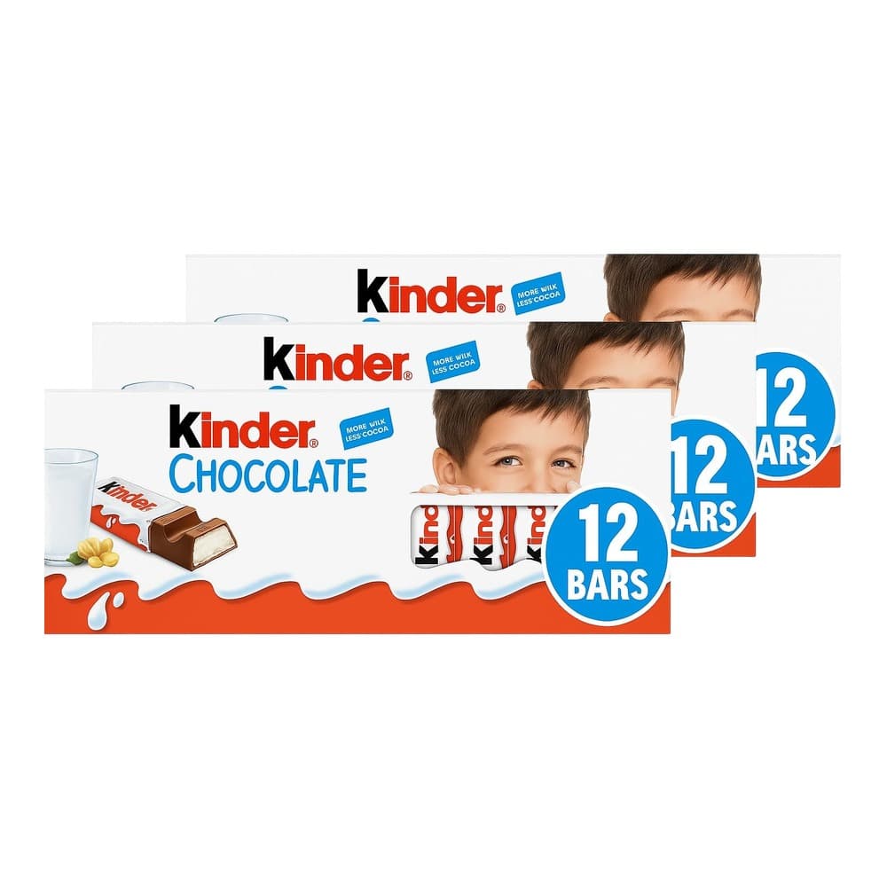 Kinder Chocolate product packaging displaying a 12-bar multi-pack box with a child's face and individual chocolate bars shown, alongside a glass of milk and loose peanuts on a white background.