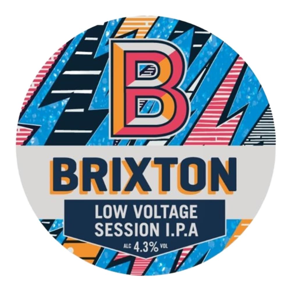 Circular beer keg label for Brixton Low Voltage Session I.P.A. featuring a bold geometric design in blue, pink, orange and black with the brand logo and 30 litre volume indicator.