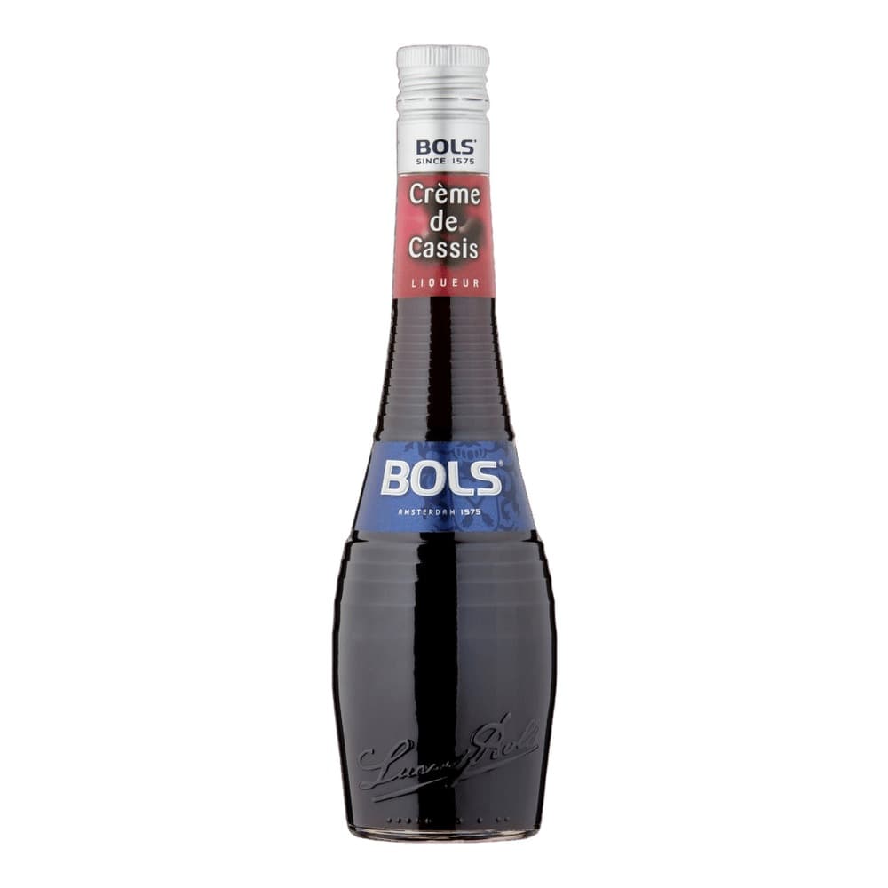 A bottle of Bols Crème de Cassis liqueur with a white screw cap, silver and red label, and blue BOLS band, photographed against a white background.