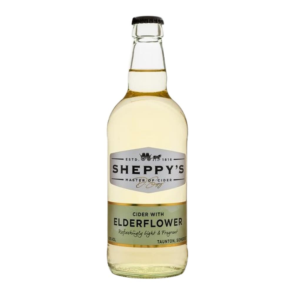 A bottle of Sheppy's Master of Cider with Elderflower on a white background, filled with pale golden cider and topped with a black cap.