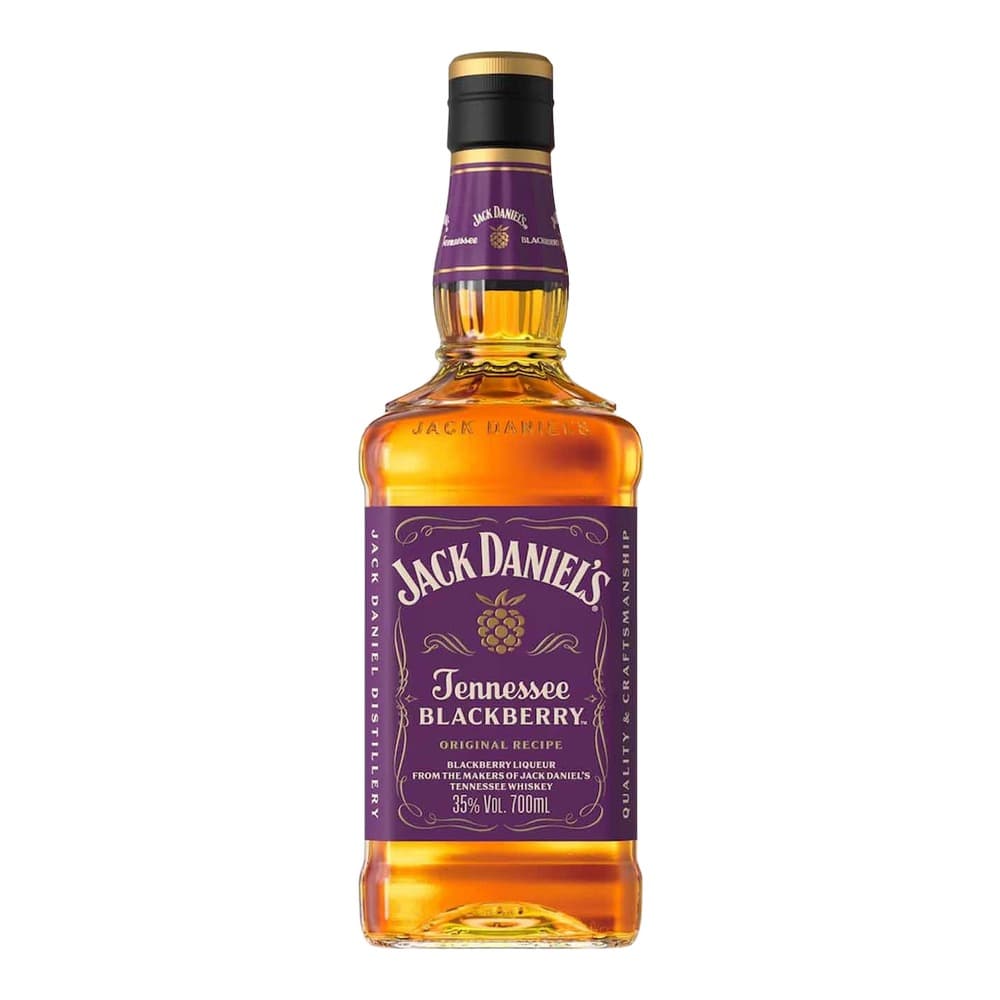 A bottle of Jack Daniel's Tennessee Blackberry liqueur with a purple label and gold cap on a white background.