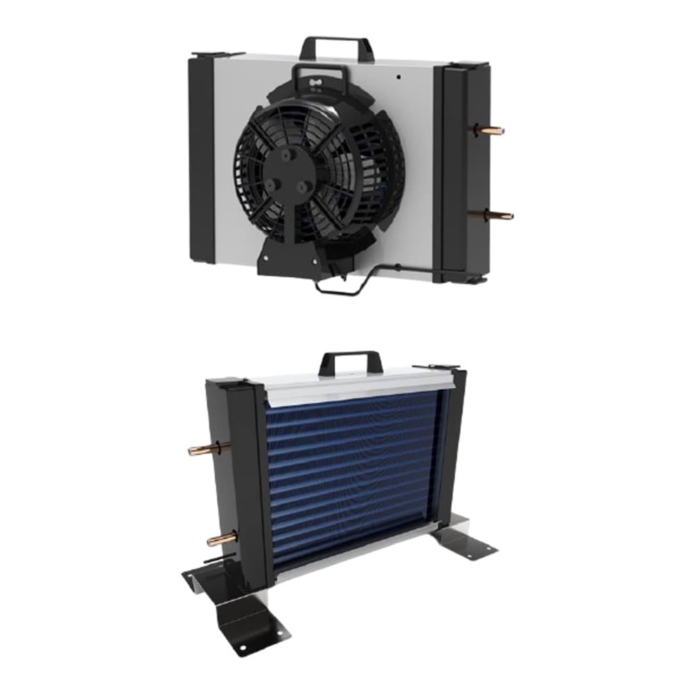 Front and side view of a portable hydraulic cooling unit with black fan assembly and blue finned radiator on black support feet