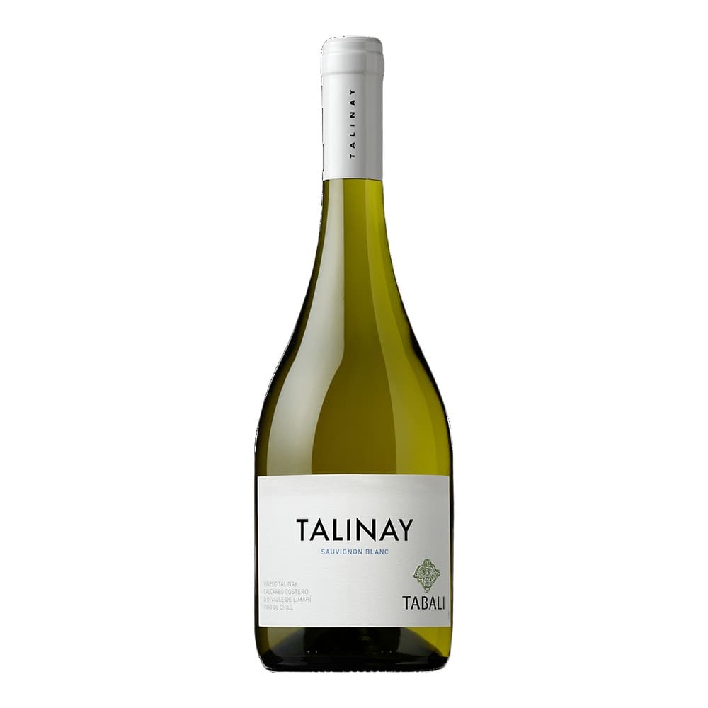 A bottle of Talinay Sauvignon Blanc white wine with white capsule and label on a plain white background