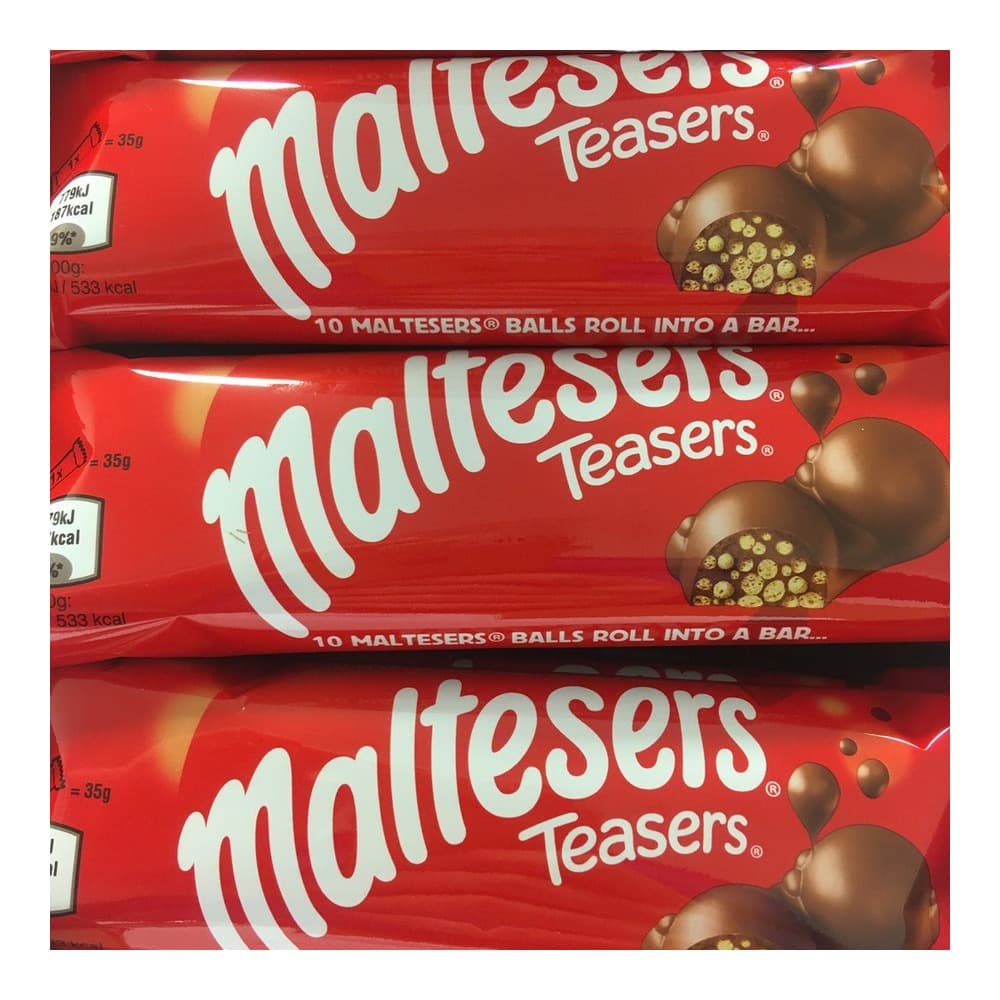 Three red Maltesers Teasers chocolate bar packages stacked together, each containing 10 Maltesers balls rolled into a bar, displayed against a plain background.