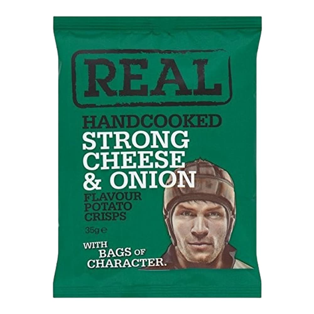 Front view of a green packet of Real brand handcooked strong cheese and onion flavour potato crisps with a man's face on the packaging