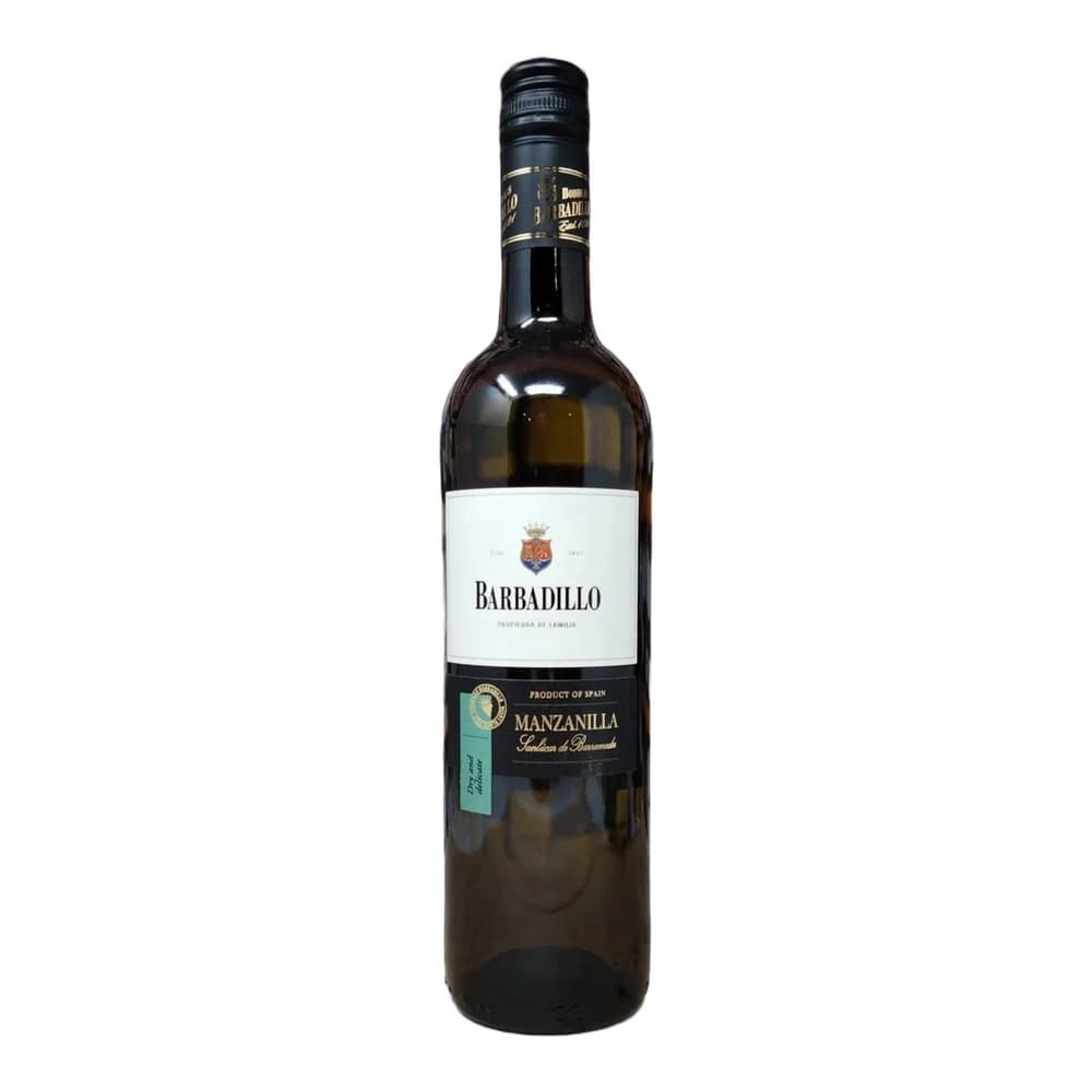 A bottle of Barbadillo Manzanilla sherry wine from Spain, displayed against a white background.