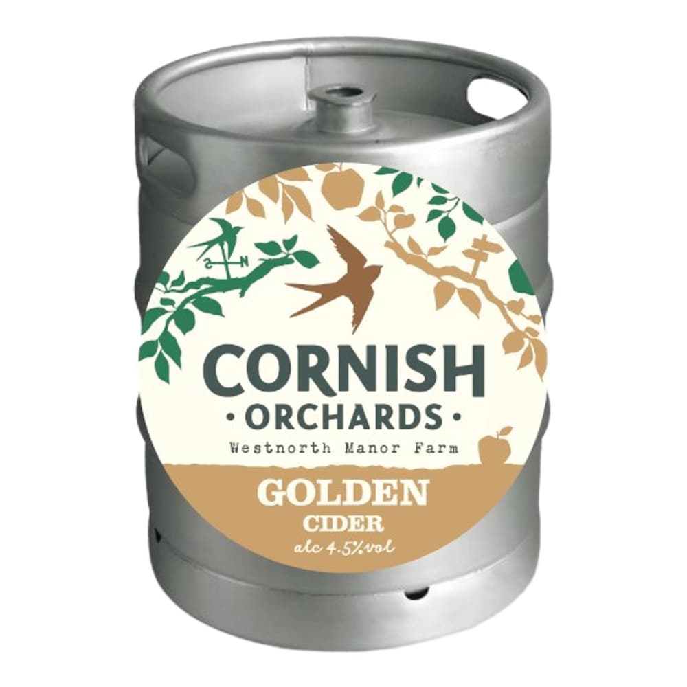 A silver metal keg of Cornish Orchards Golden Cider with a cream and green label featuring orchard imagery