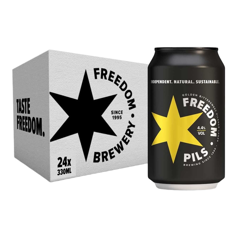 A cardboard box and black can of Freedom Brewery Pils golden bitter beer, 330ml, 4.4% ABV, displayed against a white background.