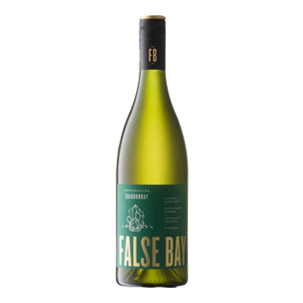 A bottle of False Bay Sauvignon Blanc white wine with a green label displayed against a plain background.