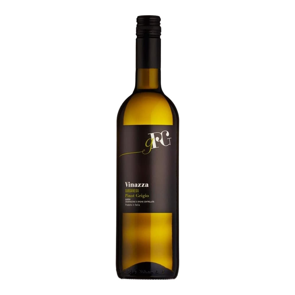 A bottle of Vinazza Pinot Grigio white wine with a black label and gold accents, featuring a pale yellow wine visible through the glass, photographed against a white background.