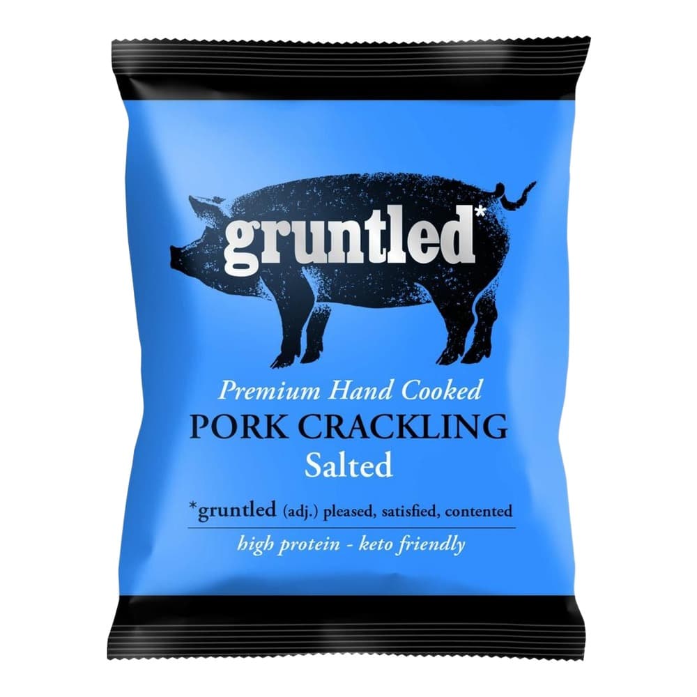 Blue and black packet of Gruntled brand salted pork crackling snack with pig silhouette illustration