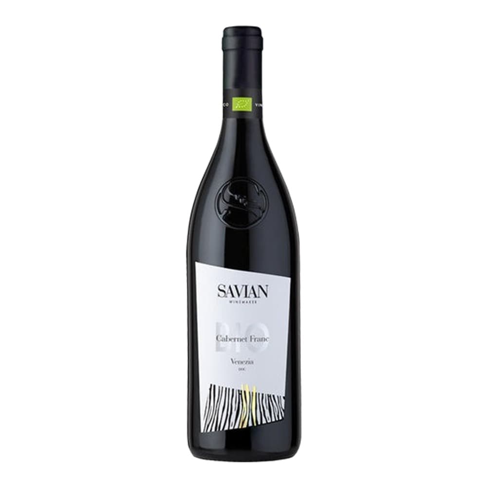 A bottle of Savian Cabernet Franc red wine with a white label featuring zebra stripe design, displayed against a plain white background.
