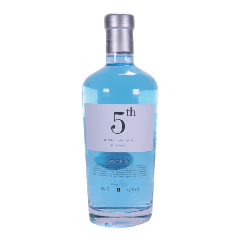A bottle of 5th distilled floral gin with bright blue liquid and silver cap, displayed against a neutral white background.