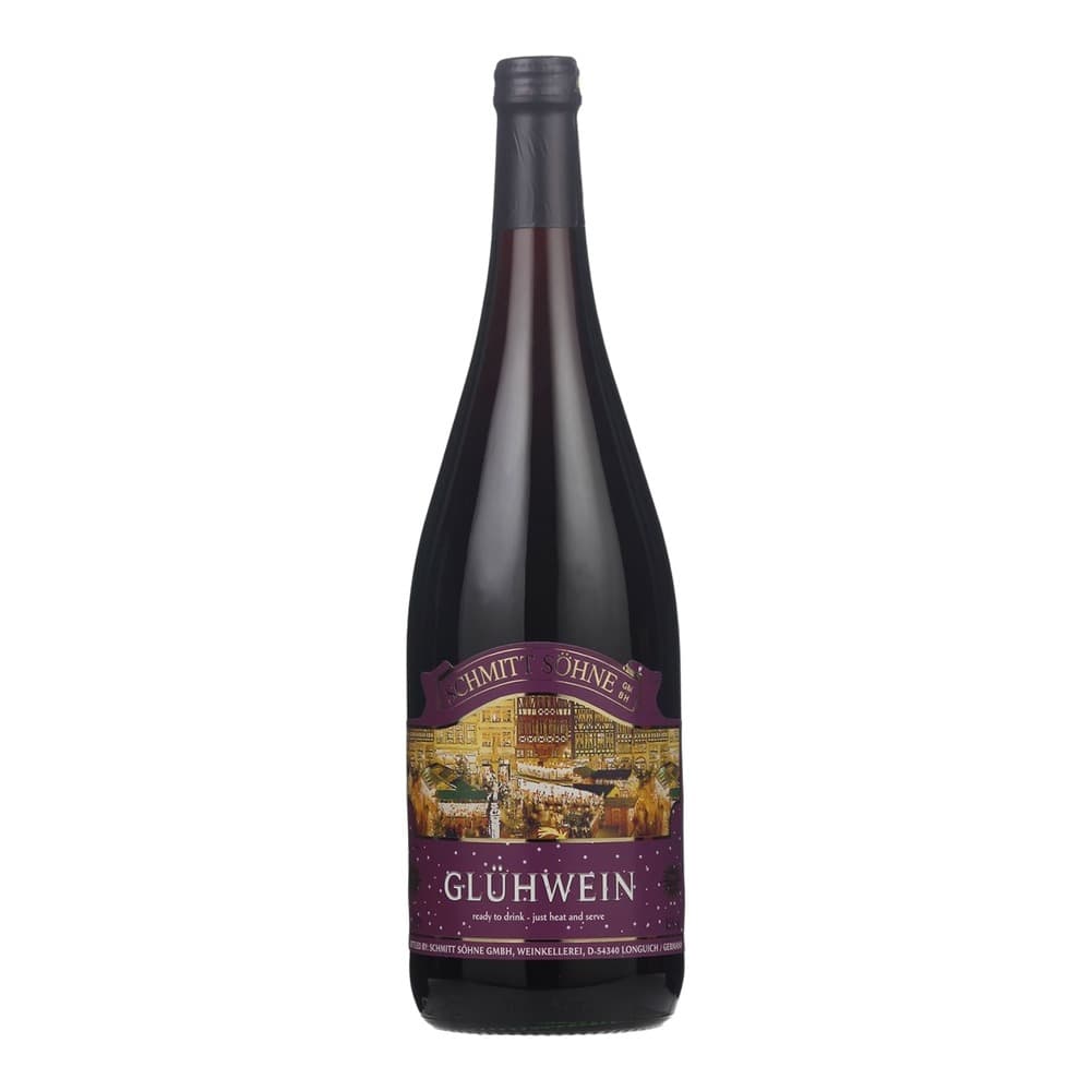 A bottle of Schmidt Söhne Glühwein mulled wine against a white background with a subtle shadow beneath.