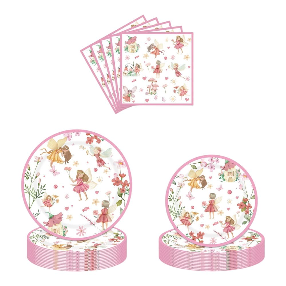A collection of pink-bordered disposable plates and sticker sheets featuring illustrated fairies, flowers, mushrooms, and garden scenes on a white background.