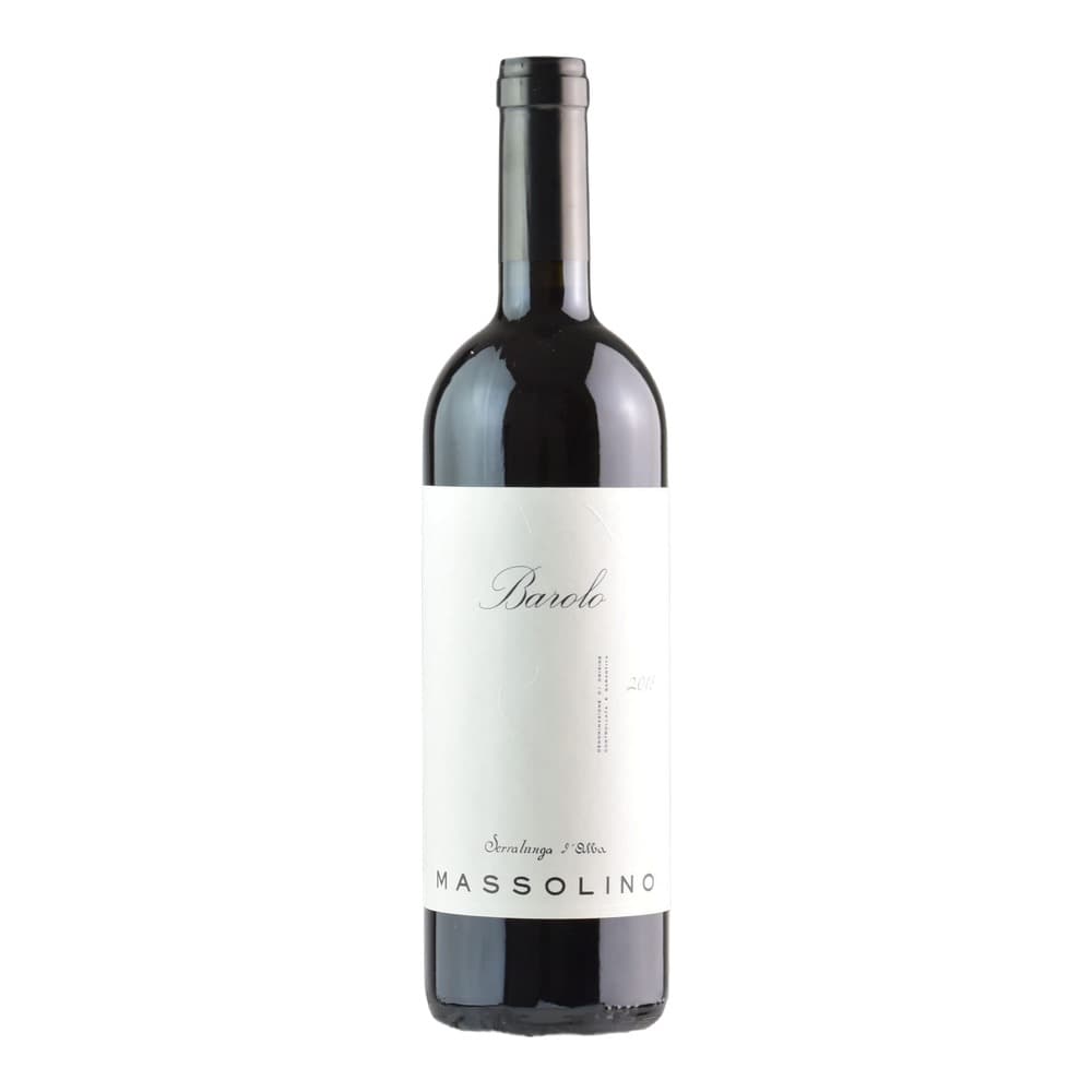 A bottle of Massolino Barolo wine from 2010, displayed against a plain white background with a dark red wine visible through the glass.