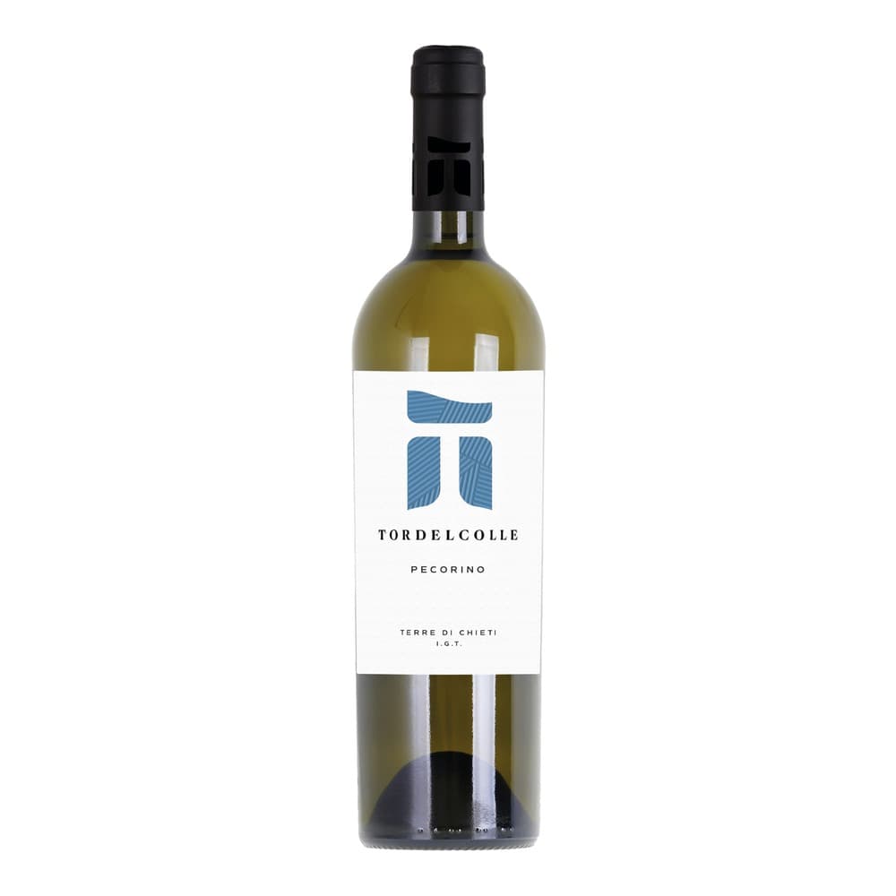 A bottle of Tordelcolle Pecorino white wine from Terre di Chieti, featuring a white label with a blue geometric logo, isolated on a white background.