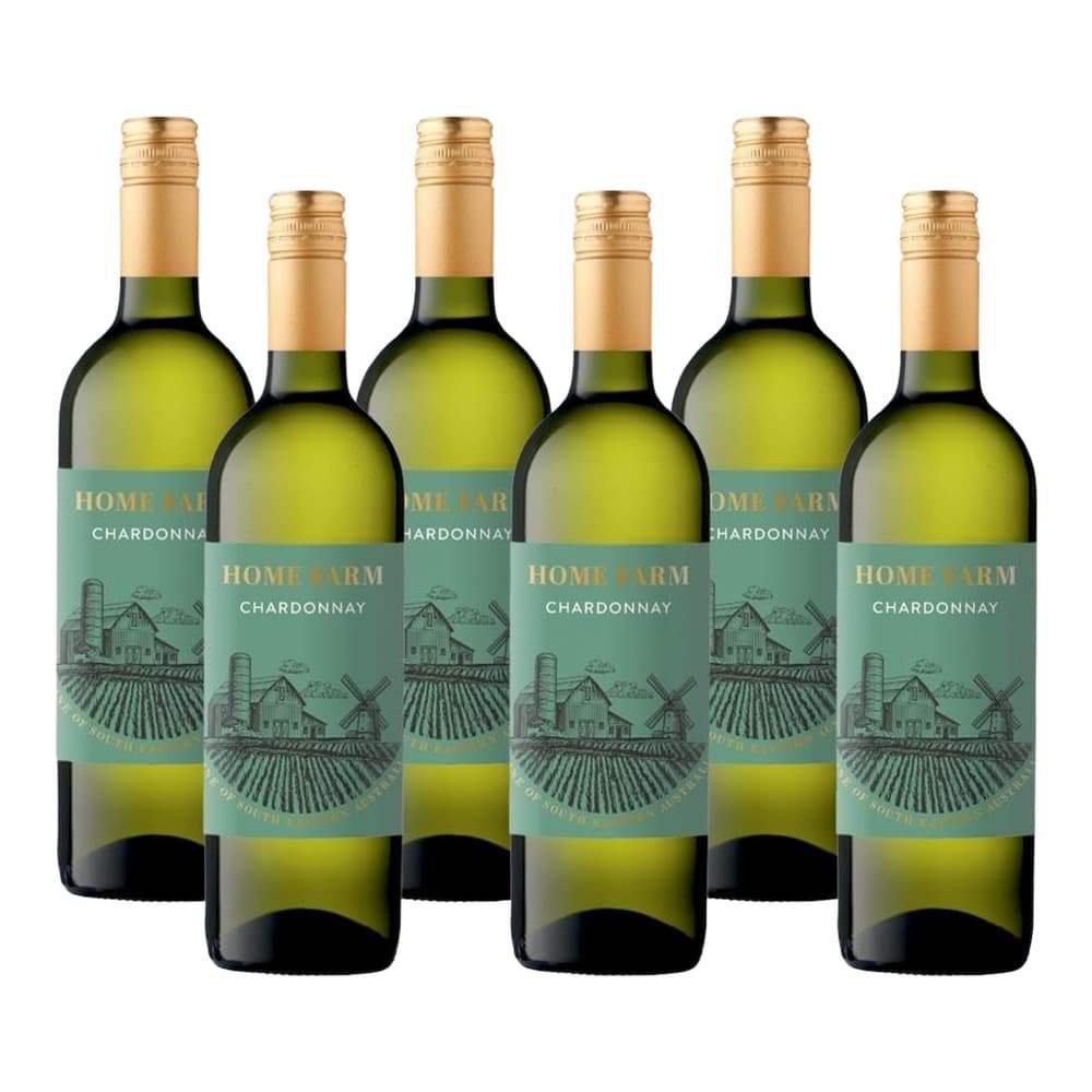 Six bottles of Home Farm Chardonnay white wine with gold foil caps and green labels featuring a farmhouse and field illustration, arranged against a white background.