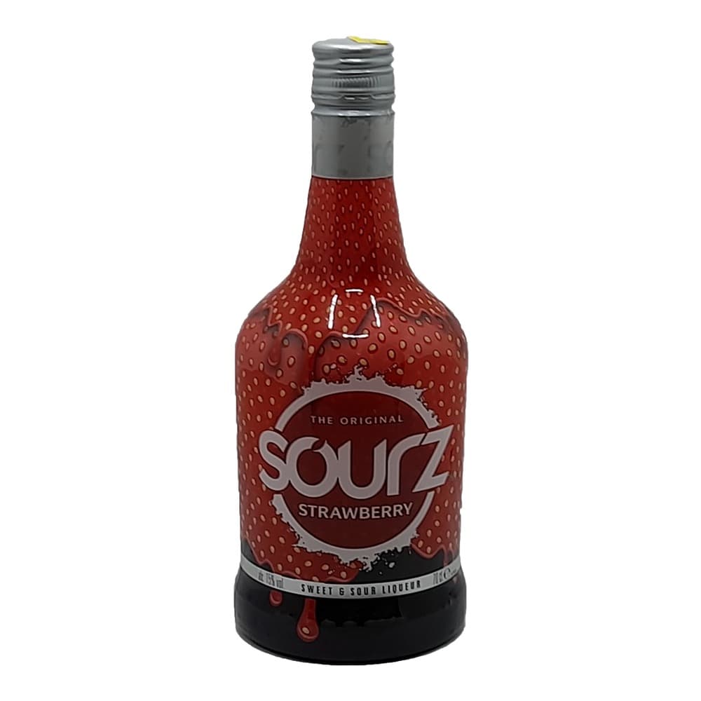 A bottle of Souiz strawberry-flavoured sweet and sour liqueur with a red strawberry-textured label and grey screw cap, isolated on a white background.