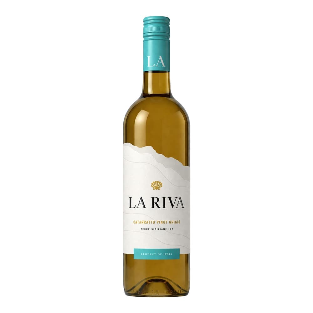 A bottle of La Riva Catarratto Pinot Grigio white wine with a turquoise cap and white label featuring a gold shell logo, isolated on a white background.