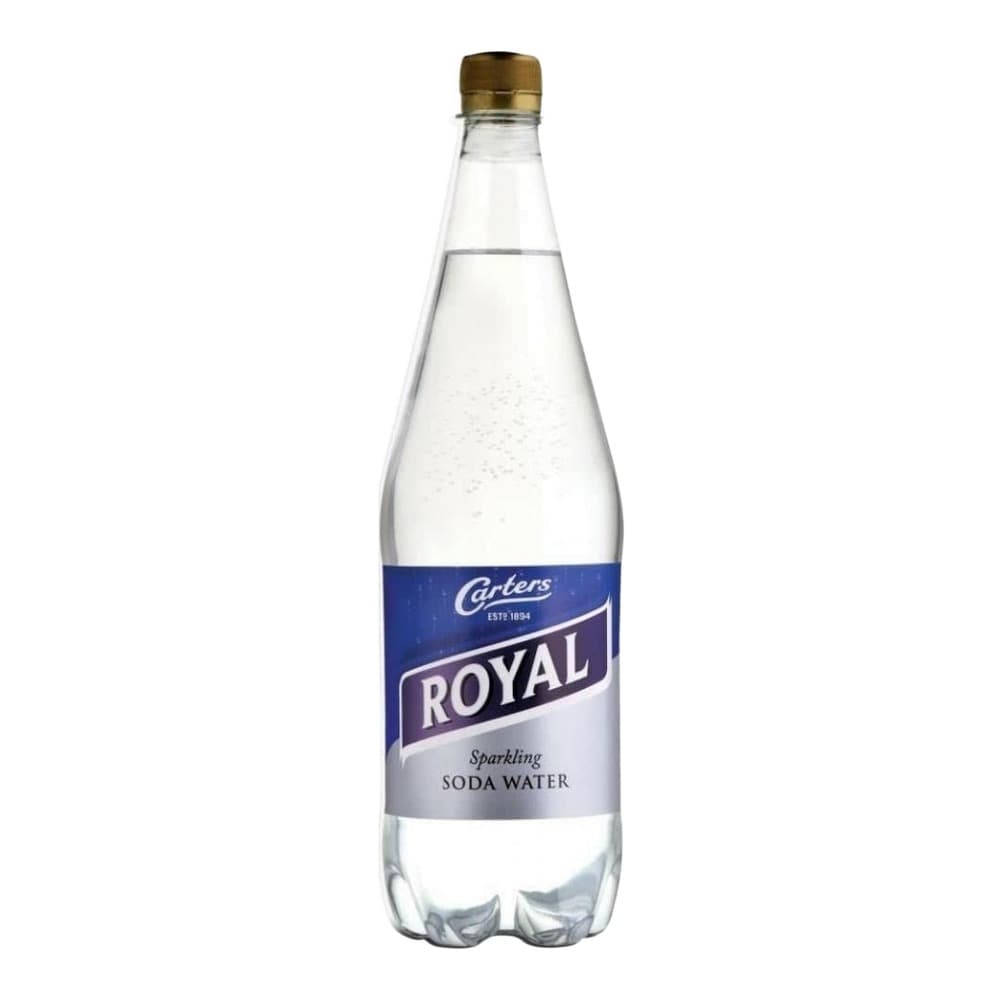 A clear plastic bottle of Carlers Royal sparkling soda water with a blue and silver label and gold screw cap, displayed against a white background.
