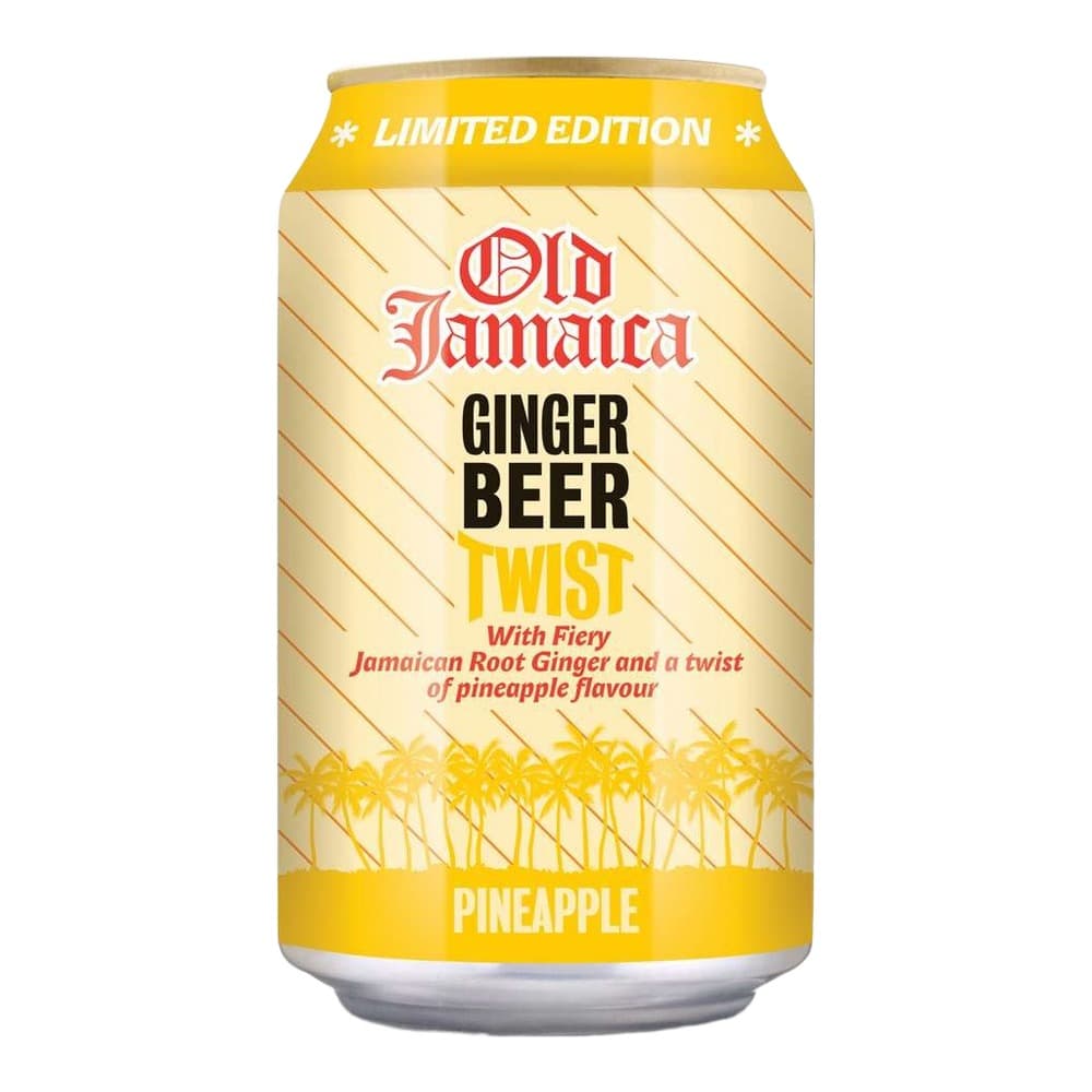 A 330ml can of Old Jamaica Ginger Beer Twist with pineapple flavour on a white background, featuring cream and yellow coloured label design with decorative palm tree graphics.