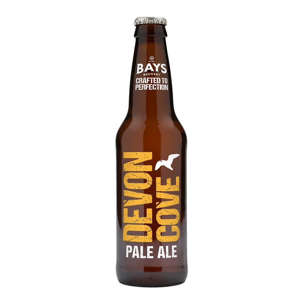 A brown glass bottle of Bays Brewery Deacon Cove Pale Ale with a silver metal cap, featuring gold and white label text on a plain white background.