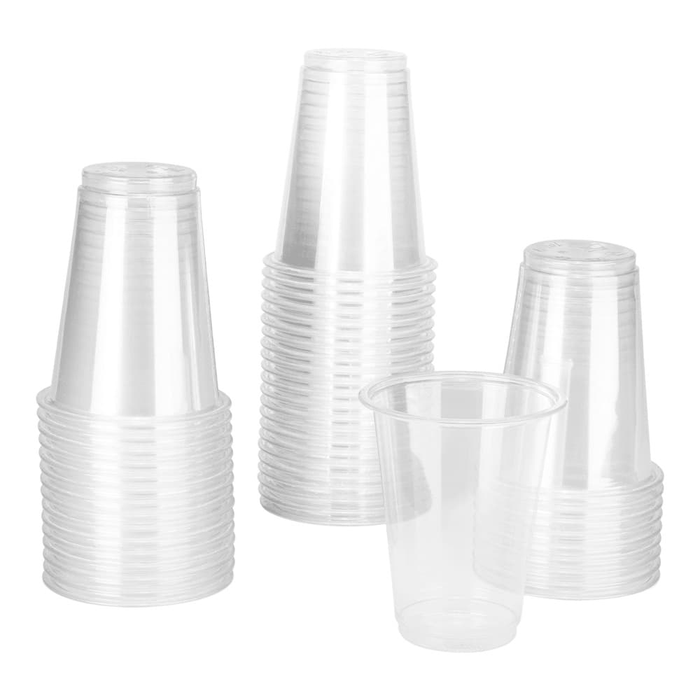 Stack of transparent plastic cups in three different sizes displayed against a white background