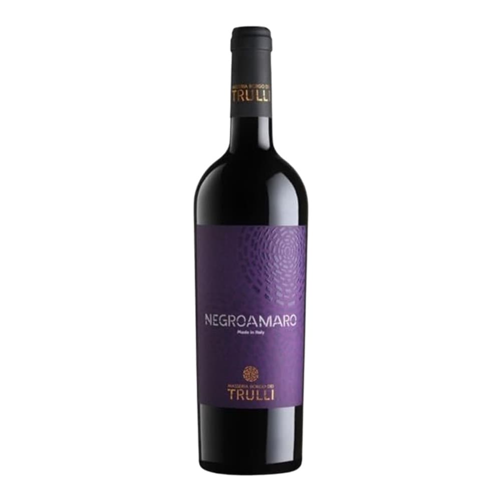 A bottle of Negroamaro red wine by Trulli winery, featuring a purple label with circular design, isolated on a white background.