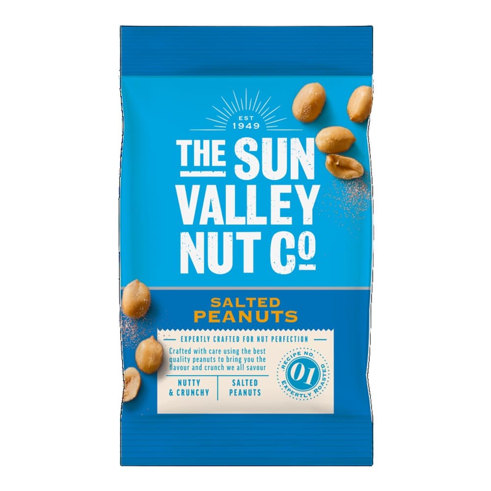 Blue packaging of The Sun Valley Nut Co salted peanuts with roasted peanuts displayed on the front, established 1949.