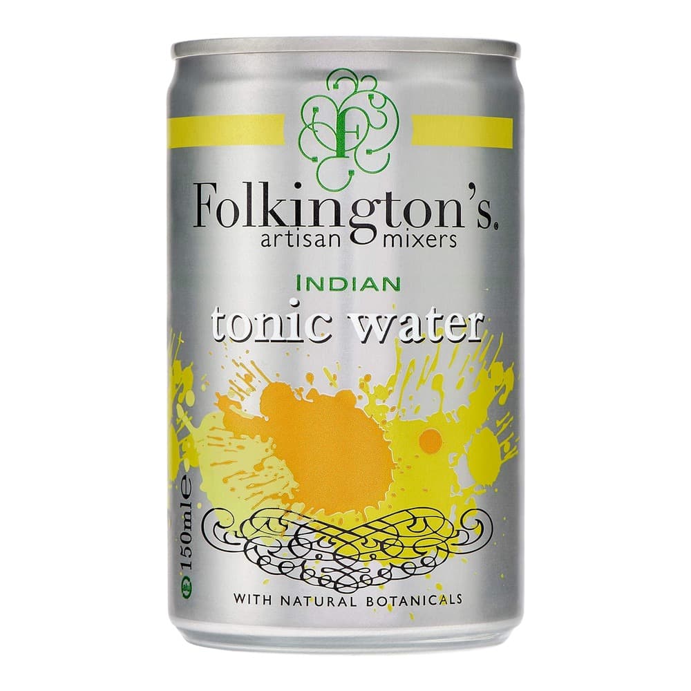 Silver aluminium can of Folkington's artisan Indian tonic water with yellow bands and botanical branding on white background