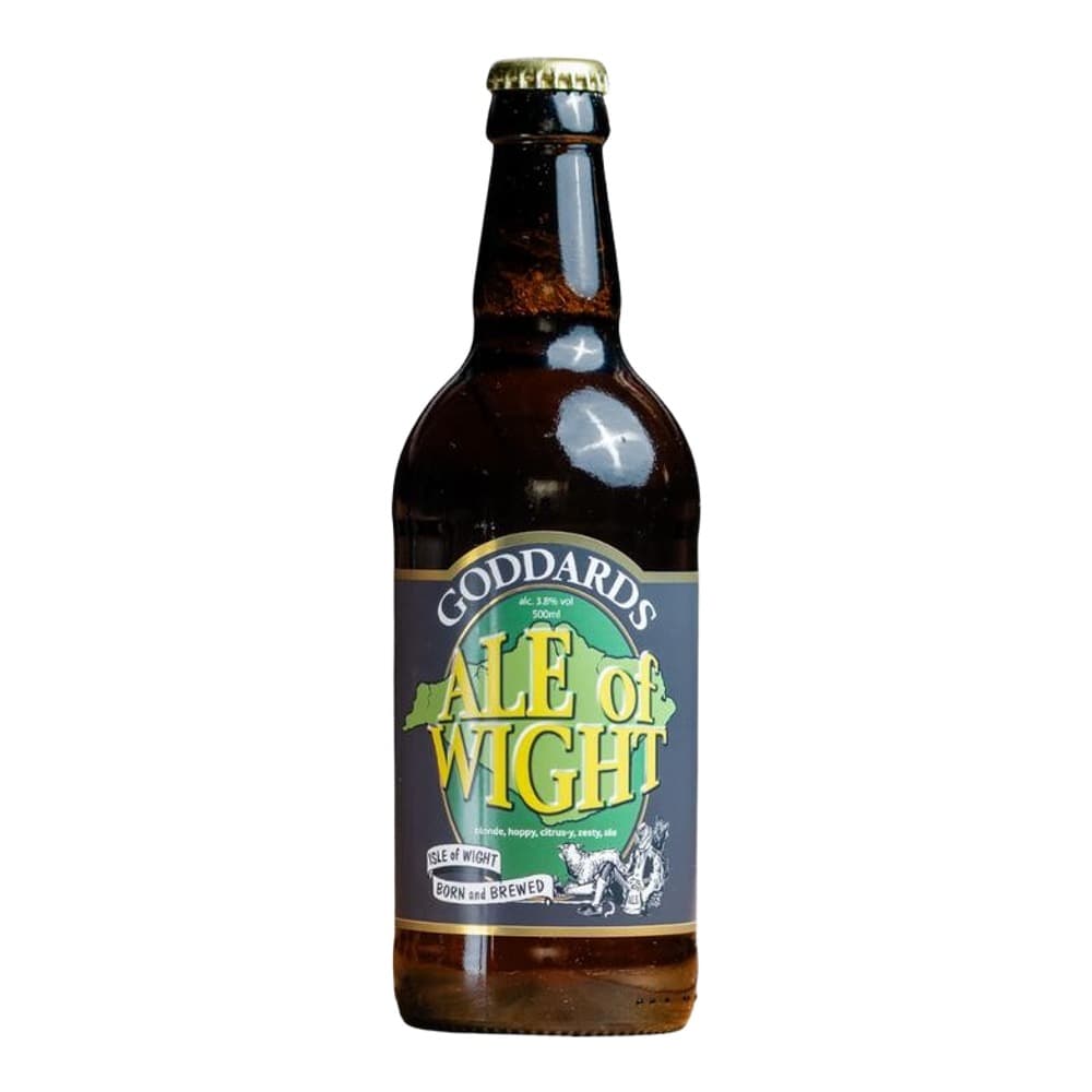 A bottle of Goddards Ale of Wight beer with a gold cap and dark label on a white background.