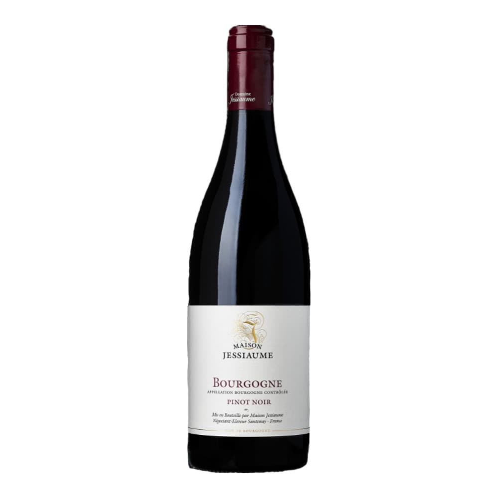 A bottle of Maison Jessiaume Bourgogne Pinot Noir red wine with burgundy foil cap and white label on a white background.