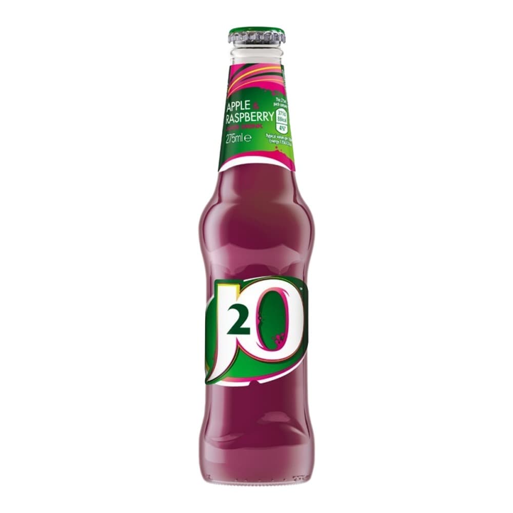A 275ml bottle of J2O Apple Raspberry flavoured drink with a green label and pink/magenta liquid, displayed against a white background.