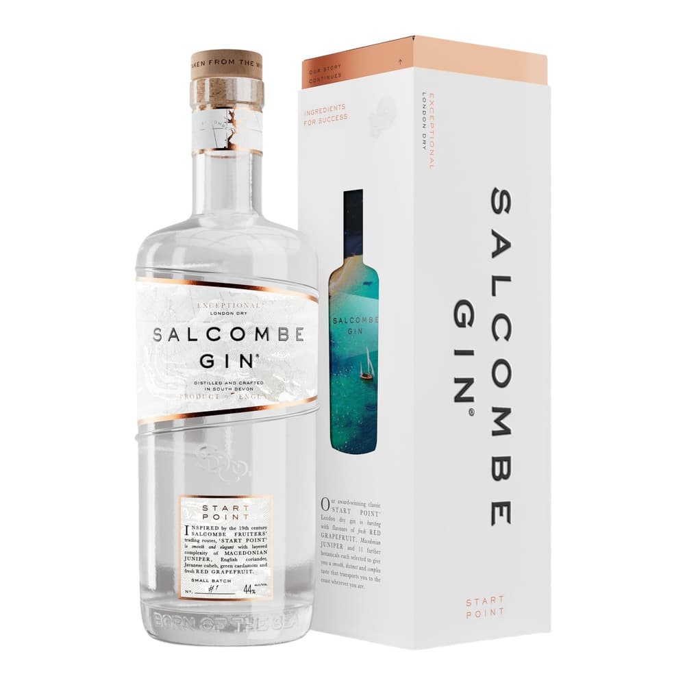 A clear glass bottle of Salcombe Gin with copper cap and neck label, positioned next to its white retail packaging box featuring turquoise and copper accents on a white background.