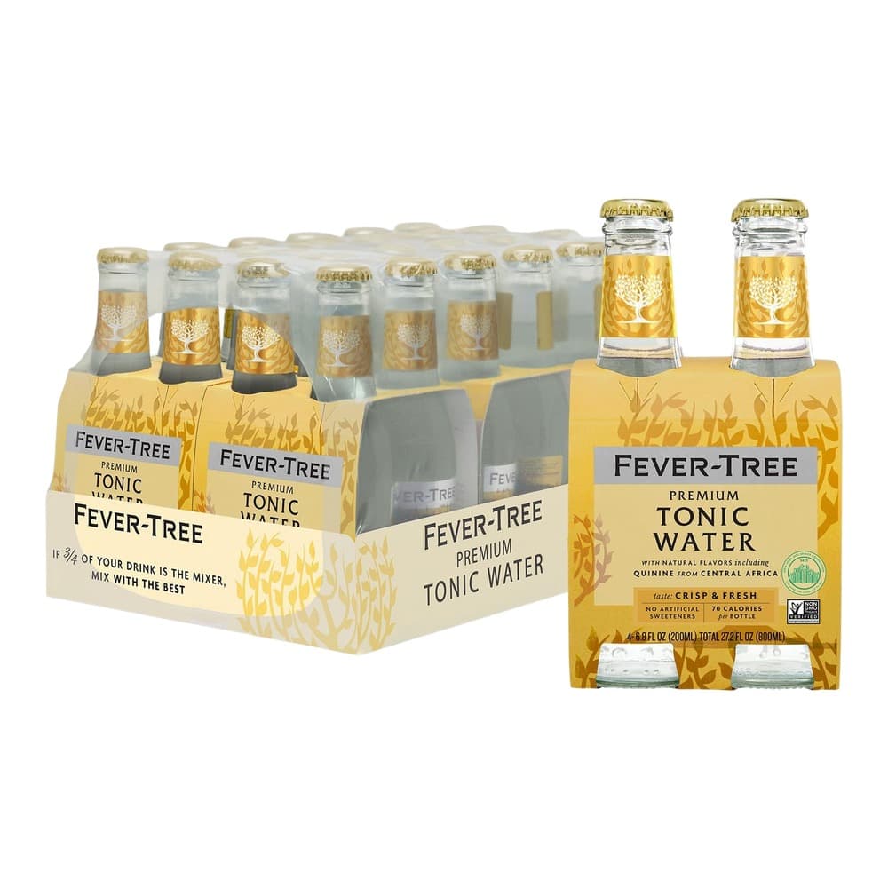 Fever-Tree Premium Tonic Water 4-bottle pack with individual bottles displayed against a white background, featuring gold and cream labelling with decorative wheat motifs.
