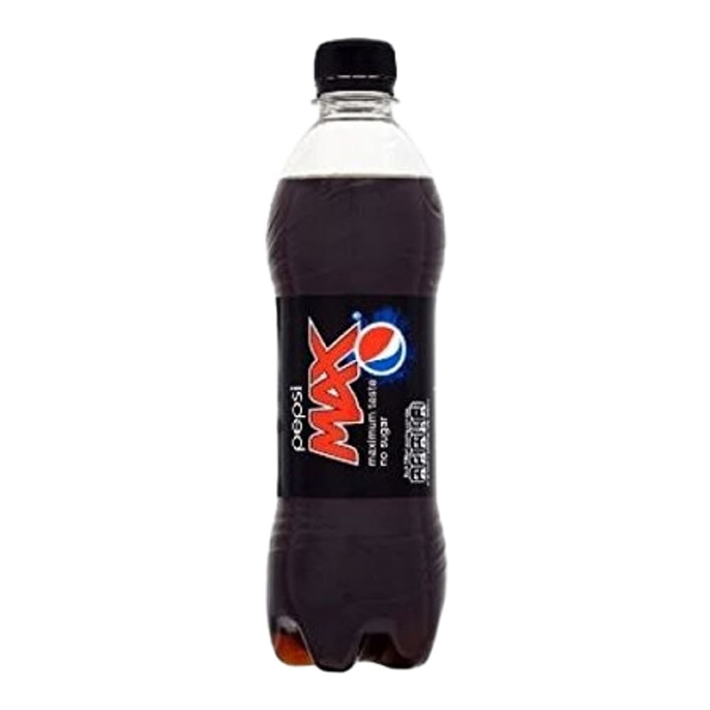 A 500ml plastic bottle of Pepsi Max cola against a white background, featuring the distinctive Pepsi logo and blue branding on black label.