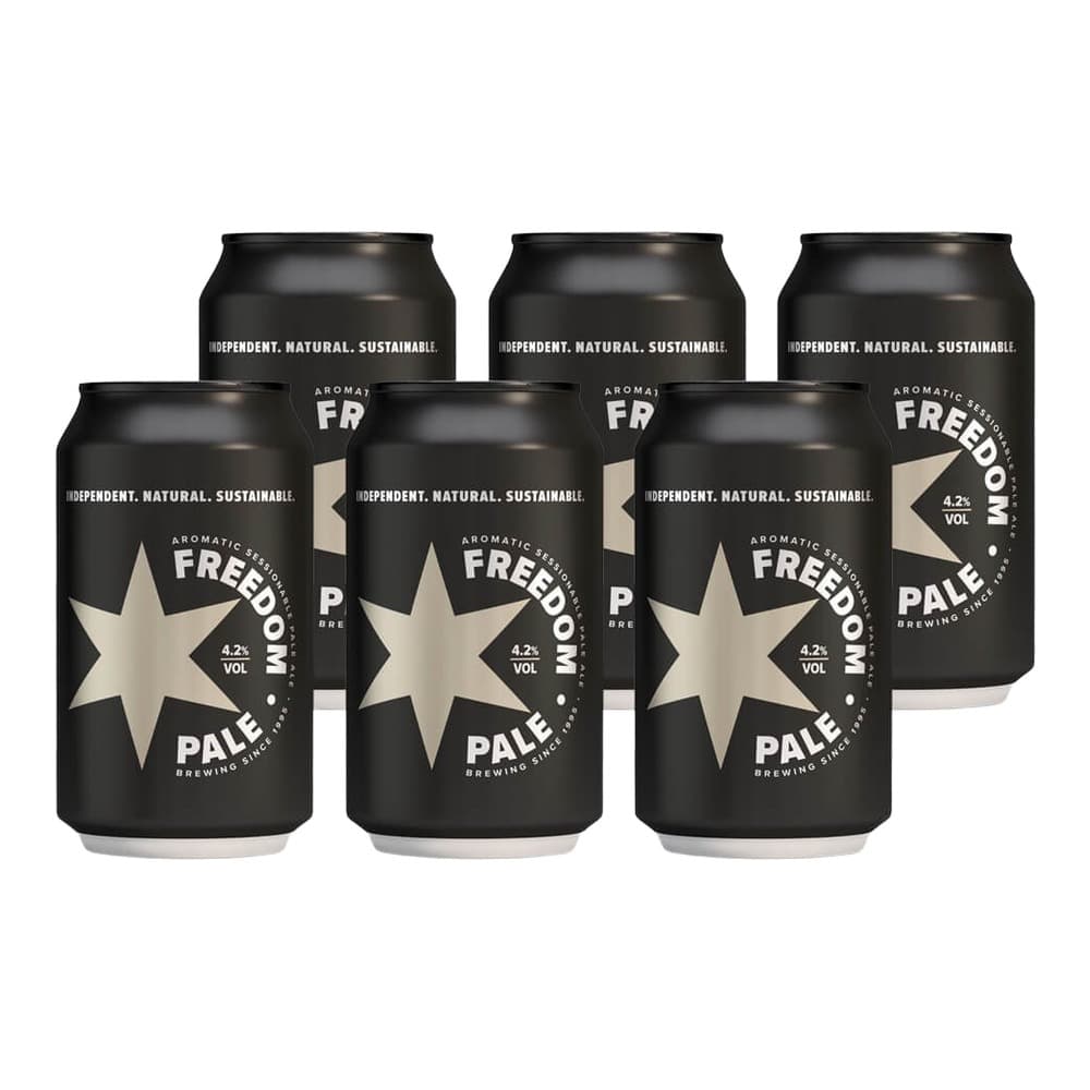 Six black aluminium cans of Freedom Pale Ale beer with white star logo and text on plain white background