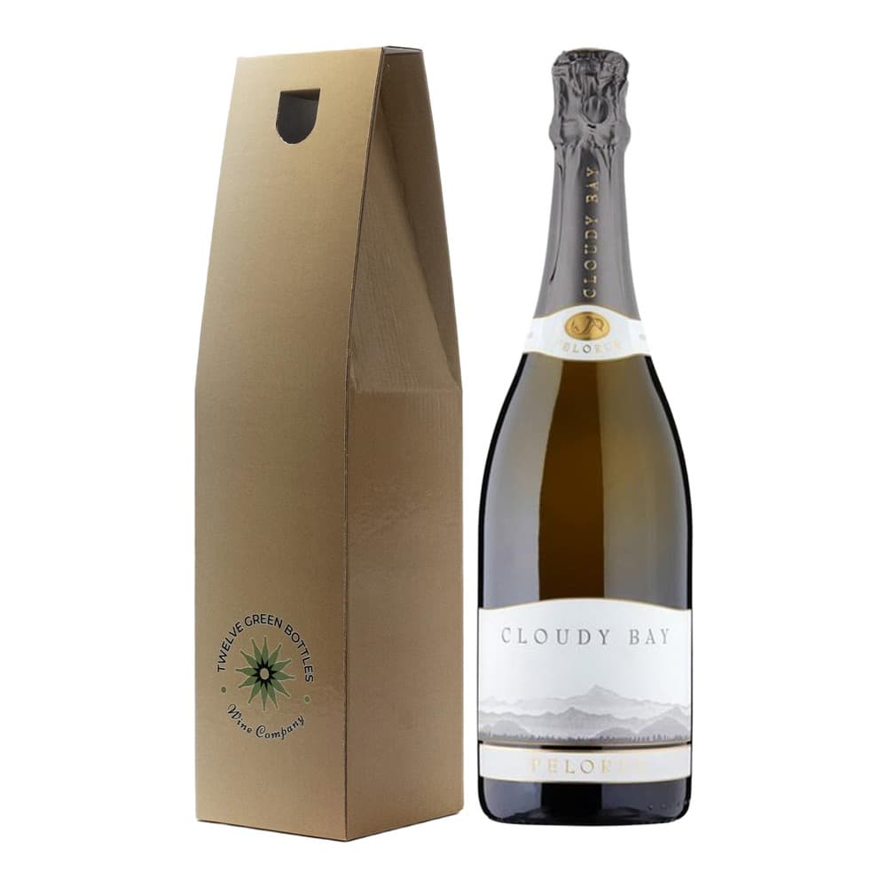 A bottle of Cloudy Bay Pinot Noir sparkling wine displayed next to its kraft paper gift box with handle and Twelve Green Bottles Wine Company branding.