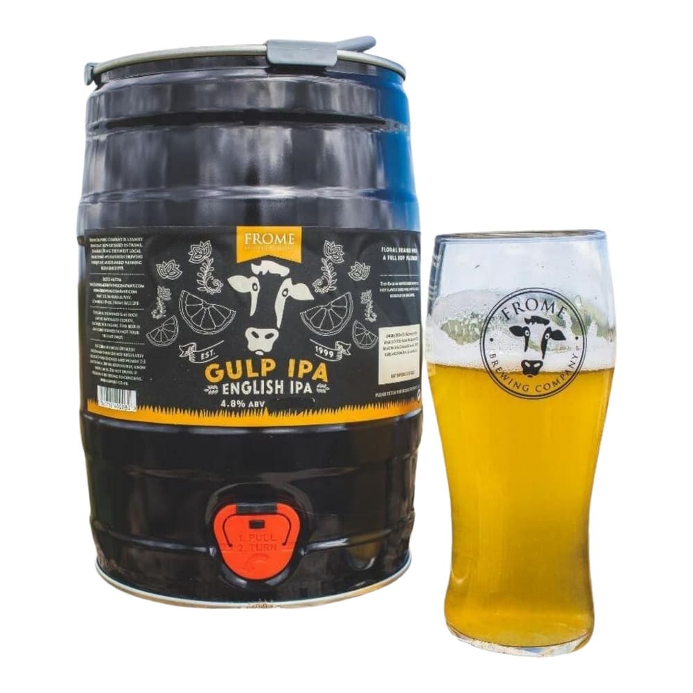 A black mini keg of Frome Gulp IPA English IPA beer with a matching branded glass filled with golden beer, displayed against a white background.