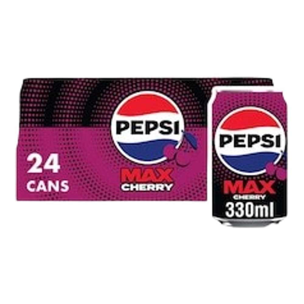 A multipack of 24 Pepsi Cherry cans in purple packaging displayed alongside a single 330ml Pepsi can on a white background.