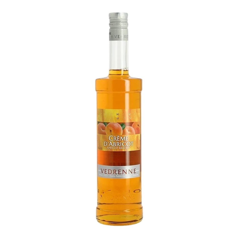 A bottle of Vedrenne Crème d'Abricot apricot liqueur with a clear cap and golden-orange liquid, photographed against a white background.